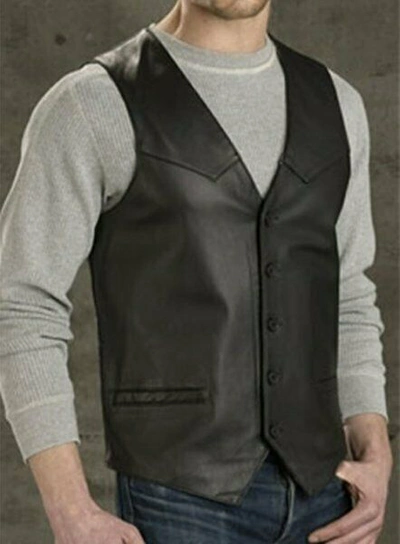 Pre-owned Goldensleather Men Stylish Genuine Leather V-neck Vest Classic Jacket In Black