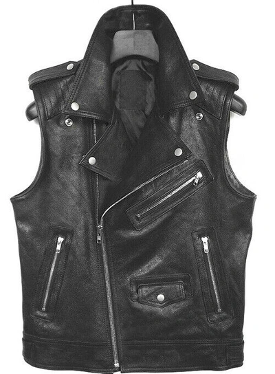 Pre-owned Goldensleather Men Stylish Genuine Leather Notched Collared Faded Vest Jacket In Black
