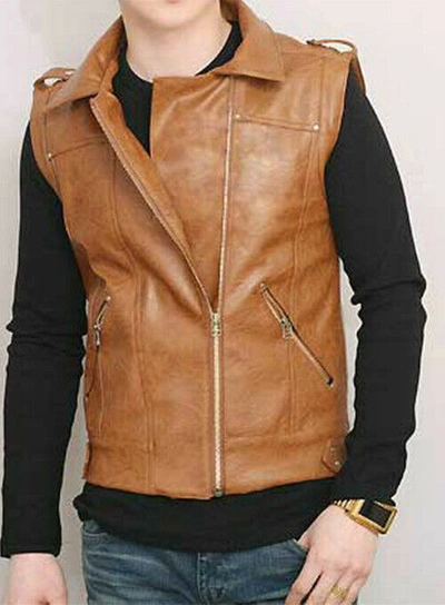 Pre-owned Goldensleather Men Stylish Genuine Leather Cross-zipper Collared Vest Jacket In Black