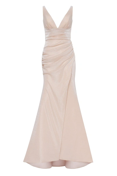 Millà Shiny Evening Maxi Dress On Straps With A Daring High Slit In Nude