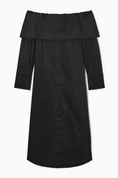 Cos Off-the-shoulder Midi Shirt Dress In Black
