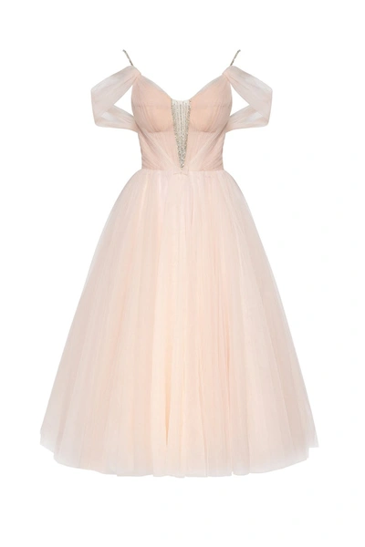 Millà Feminine Tulle Cocktail Dress With The Light Off-the-shoulder Sleeves In Peach