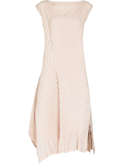 Issey Miyake Neutral Ripples Plissé Asymmetric Midi Dress In Beige