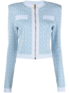 Balmain Blue Monogram-pattern Cropped Jacket In Blue