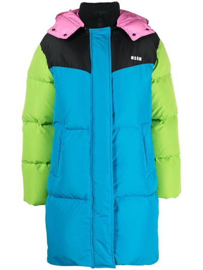 Msgm Colour-block Hooded Puffer Coat In Blue