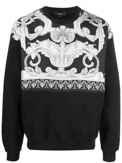 Versace Barocco Print Cotton Crewneck Sweatshirt In Black