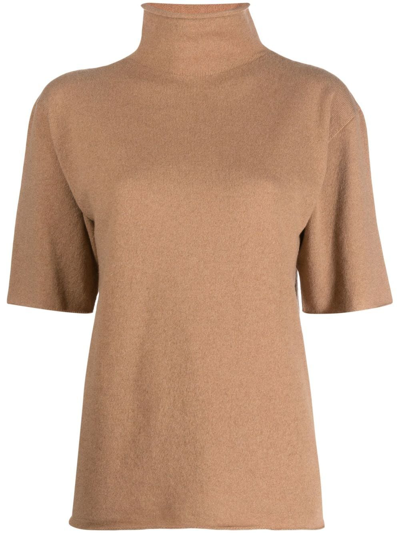 Jil Sander Short-sleeved Roll-neck Knitted Top In Nude