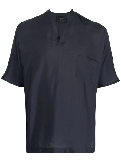 Giorgio Armani V-neck Short-sleeved Shirt In Blue