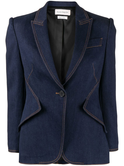 Alexander Mcqueen Single-breasted Denim Blazer In Blue
