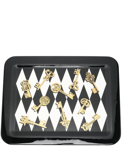 Fornasetti Gold Keys-print Rectangular Tray In White/black/gold
