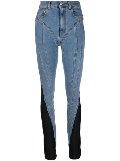 Mugler Stretch-jersey Paneled High-rise Skinny Jeans In Blu