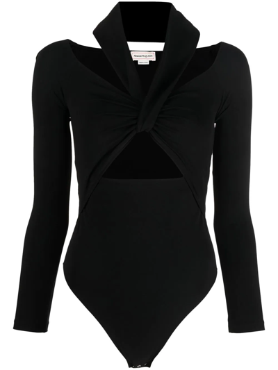 Alexander Mcqueen Off-the-shoulder Keyhole Jersey Bodysuit In Black