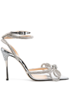 Mach & Mach Double Bow Crystal-embellished Pvc Heeled Sandals In Silver
