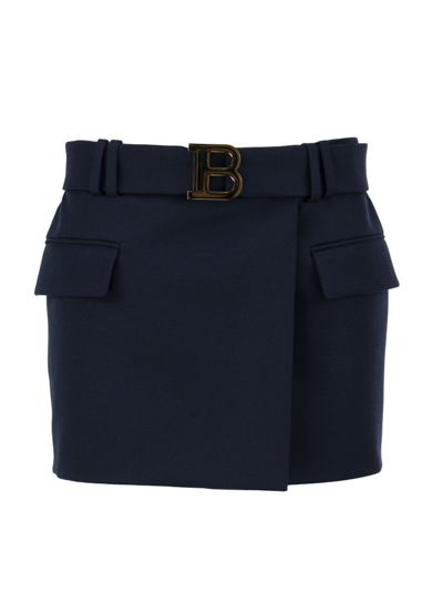 Balmain B-buckle Wrap-front Wool Mini-skirt In Black