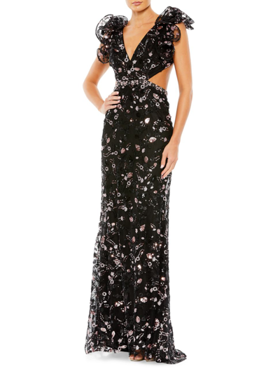 Mac Duggal Embellished Ruffled Shoulder Lace Up Gown In Black Pink