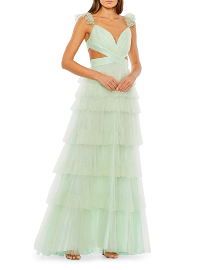 Mac Duggal Sequin Trim Sheer Strap Crisscross Cutout Waist Tiered Ruffle Gown In Blue