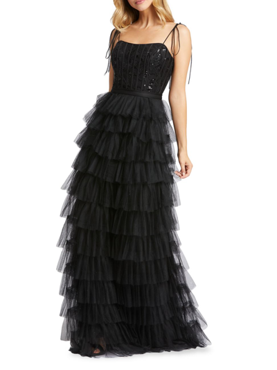 Mac Duggal Sequined Bustier Tiered Ruffle Gown In Black