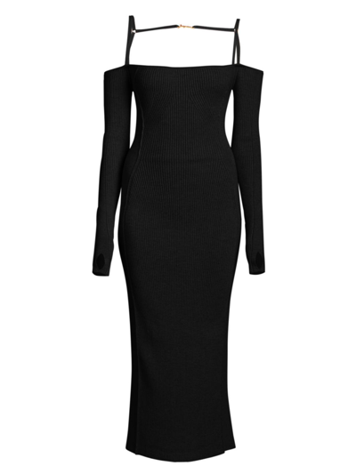 Jacquemus Sierra Cold-shoulder Embellished Ribbed-knit Midi Dress In Black