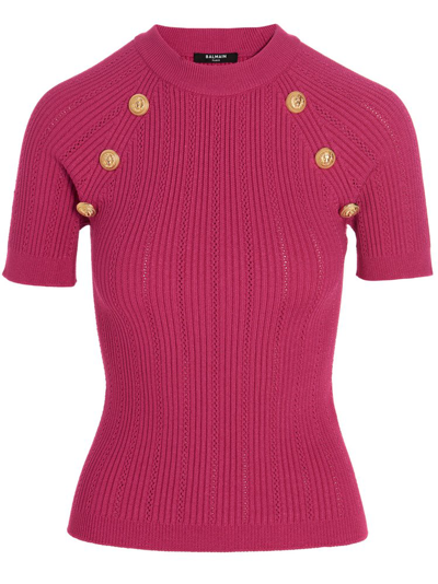 Balmain Button-embellished Ribbed-knit Top In Pink