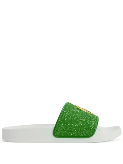 Giuseppe Zanotti Newlaburela Logo Glitter Pool Slides In Green