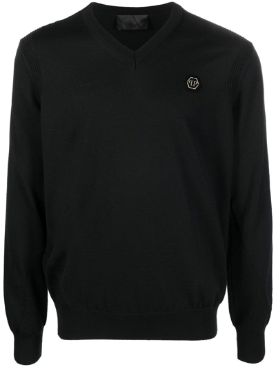 Philipp Plein Logo-patch V-neck Sweater In Black