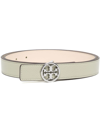 Tory Burch Miller Logo Leather Skinny Belt In Pine Frost