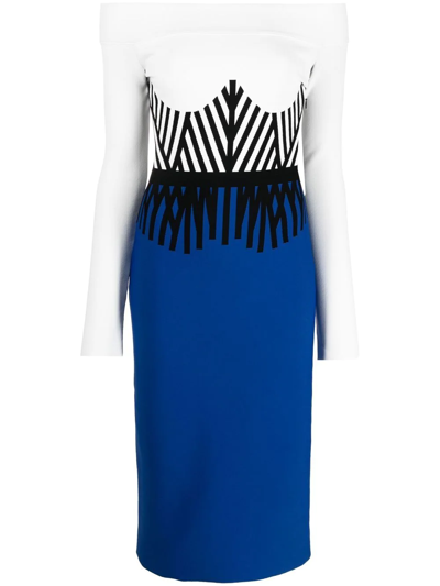 Alexander Mcqueen White And Blue Off-shoulder Long-sleeve Midi Dress