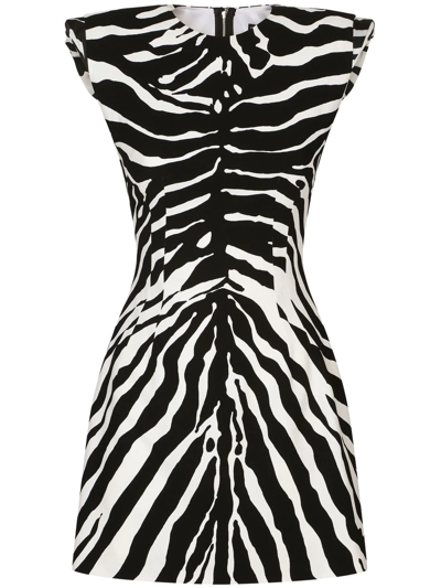 Dolce & Gabbana Pintucked Zebra-print Crepe Mini Dress In Bianco/nero