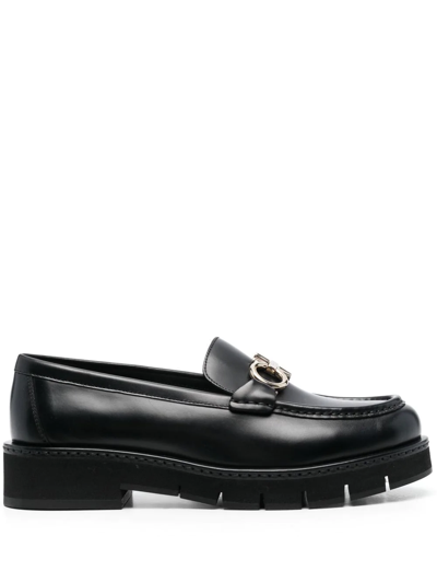 Ferragamo Black Gancini Ornament Loafers In 001 Nero Nero Nero