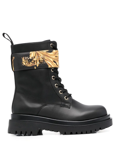 Versace Jeans Couture Baroque-print Ankle Boots In Black - Gold