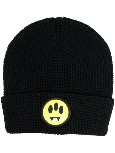 Barrow Wool Hat Unisex Black Rib-knit Beanie With Smile Patch In Nero