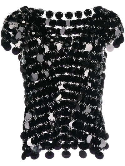 Rabanne Black Paillette Disc Short Sleeve Top