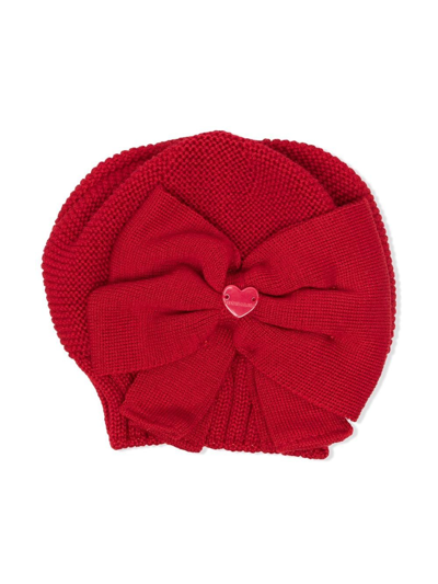 Monnalisa Kids' Logo-plaque Bow Ribbed Beanie In Red