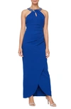 Sl Fashions Crystal Embellished Halter Neck Sleeveless Tulip Maxi Dress In Cobalt