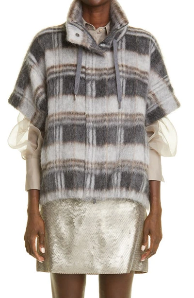 Brunello Cucinelli Virgin Wool And Mohair Double Check Jacquard Knit Outerware Jacket With Precious Monili Details In Grey