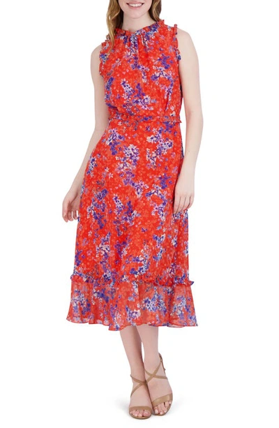 Julia Jordan Floral Swiss Dot Sleeveless Midi Dress In Orange Multi