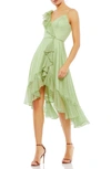 Mac Duggal Metallic Polka Dot Ruffle Midi Dress In Pistachio