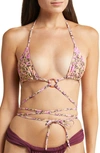 House Of Cb Naxos Floral Print Strappy Triangle Bikini Top In Prune