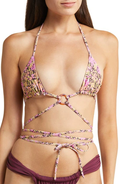 House Of Cb Naxos Floral Print Strappy Triangle Bikini Top In Prune