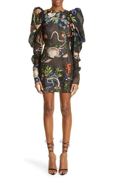 Oscar De La Renta Open Back Puff Sleeve Cocktail Dress In Black Multi