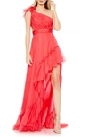 Mac Duggal One-shoulder Ruffle Asymmetric Gown In Cherry