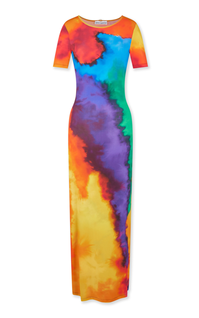 Rabanne Cupro Jersey Printed Long Dress In Multicolore