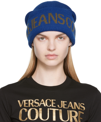Versace Jeans Couture Intarsia-knit Logo Beanie In Blue