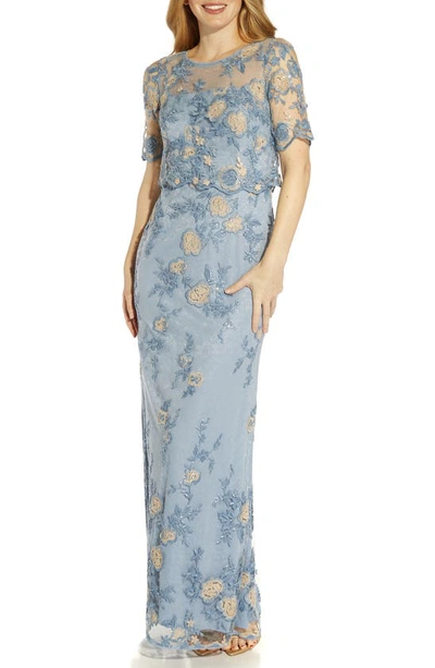 Adrianna Papell Floral Embroidered Illusion Mesh Gown In Blue