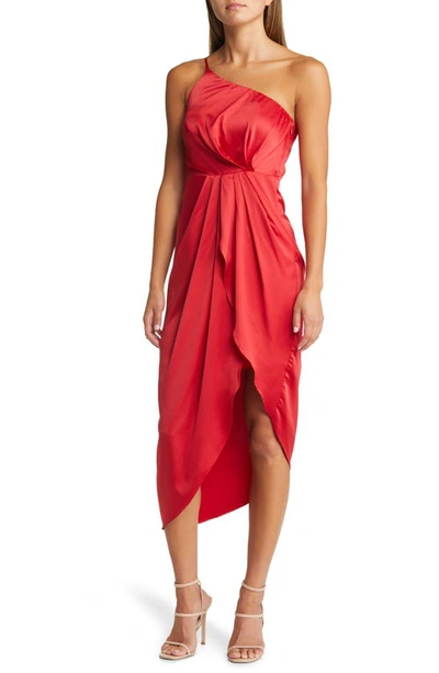Lulus Law Of Attraction On-shoulder Satin Cocktail Dress In Red