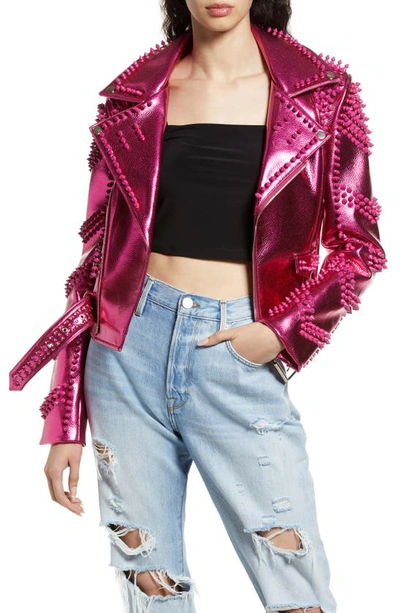 Azalea Wang Spike Metallic Belted Faux Leather Moto Jacket In Pink