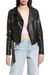 Azalea Wang Rhinestone Faux Leather Belted Moto Jacket In Black