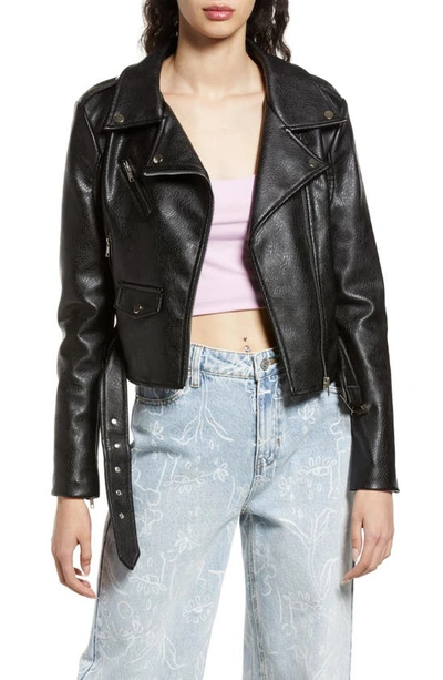 Azalea Wang Rhinestone Faux Leather Belted Moto Jacket In Black