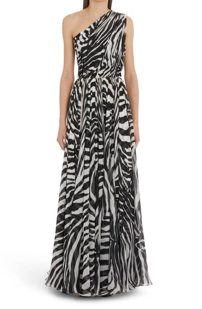 Dolce & Gabbana One-shoulder Zebra Print Silk Chiffon Gown In Natural White