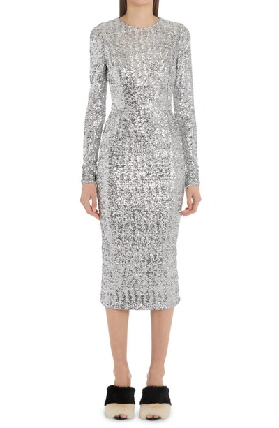 Dolce & Gabbana Silver Sequinned Long Sleeve Midi Dress In Metallic